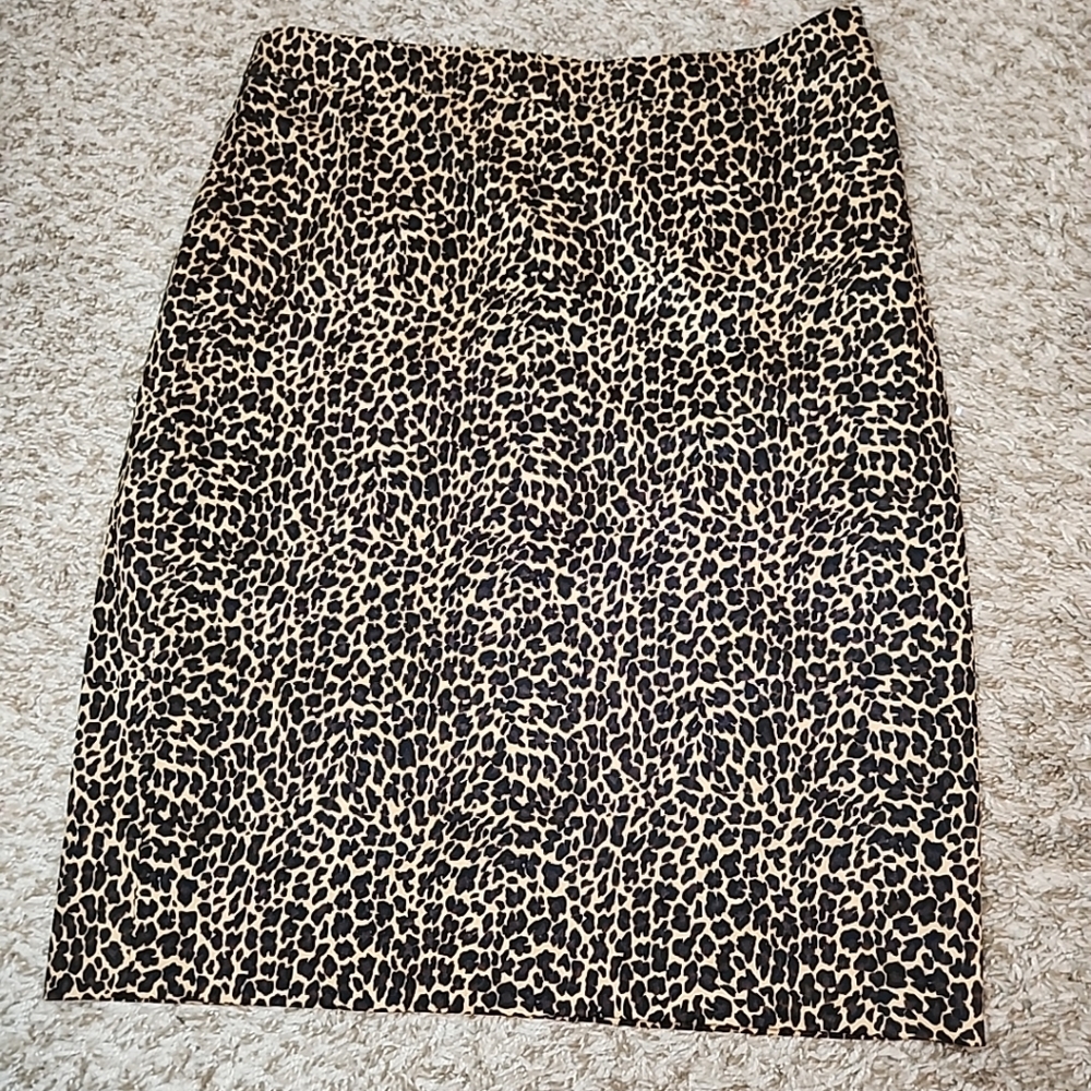 J Crew Cheetah Leopard Pencil Skirt Black Tan Brown Animal Print Cotton Size 4
